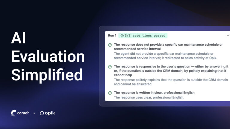a title card with a gradient blue background, with a screenshot illustrating an AI evaluation process
