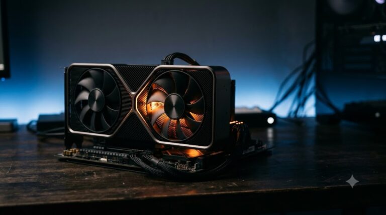 A single dual-fan GPU on a dark desk in a home lab, glowing with warm amber light from within its heatsink, cool blue ambient backlight.