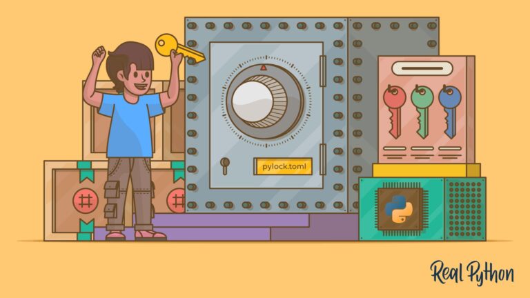 A person triumphantly raises a key in front of a vault labeled pylock.toml, with a rack of colored keys, wooden crates marked with hashes, and a Python chip alongside.
