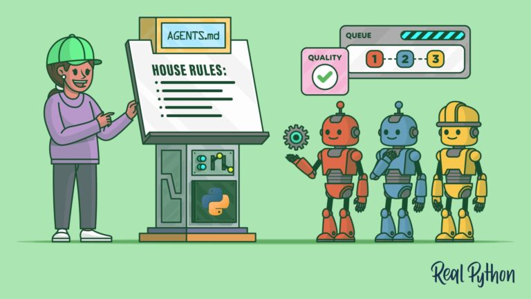 A person points at a podium labeled AGENTS.md that lists house rules and bears a Python logo, facing three robots beside quality-check and step-queue panels.